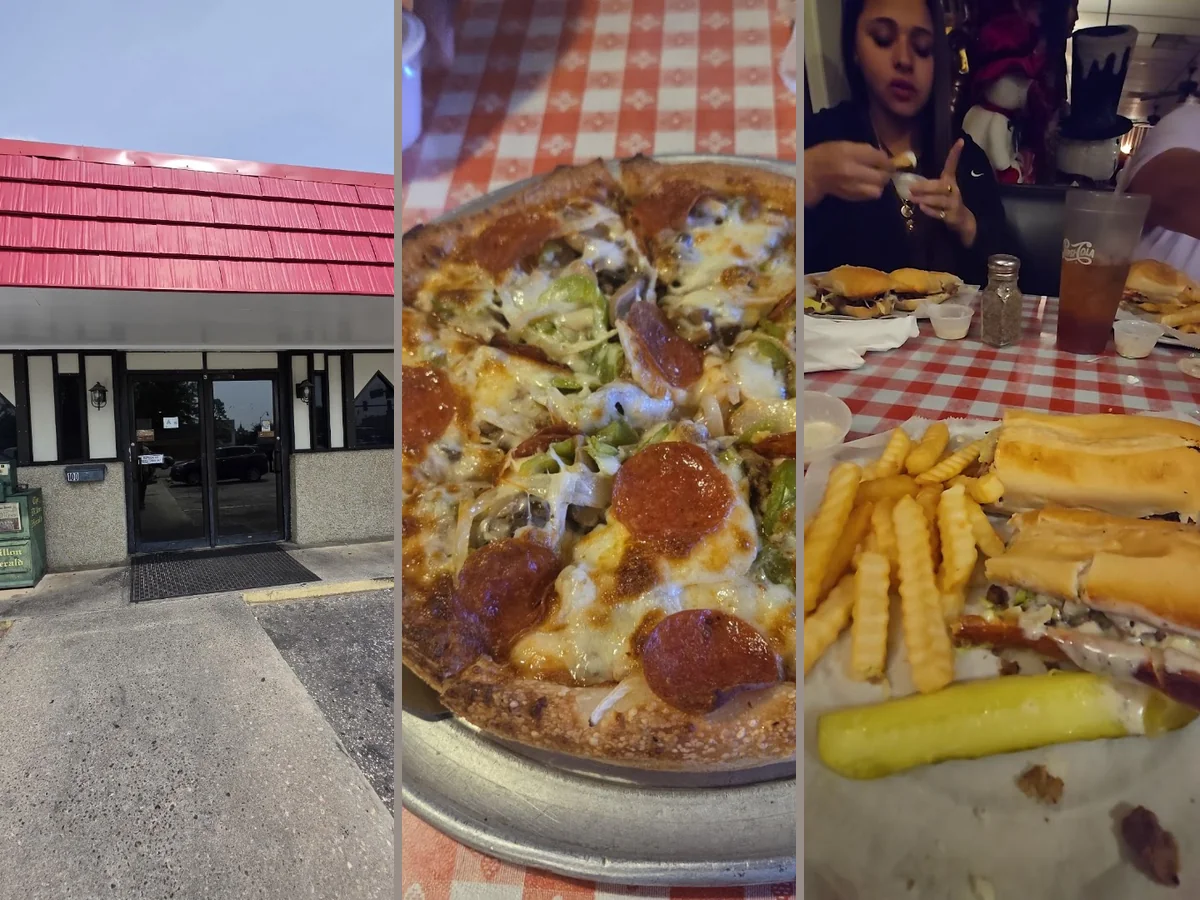 Pizza slices on a casual restaurant table.