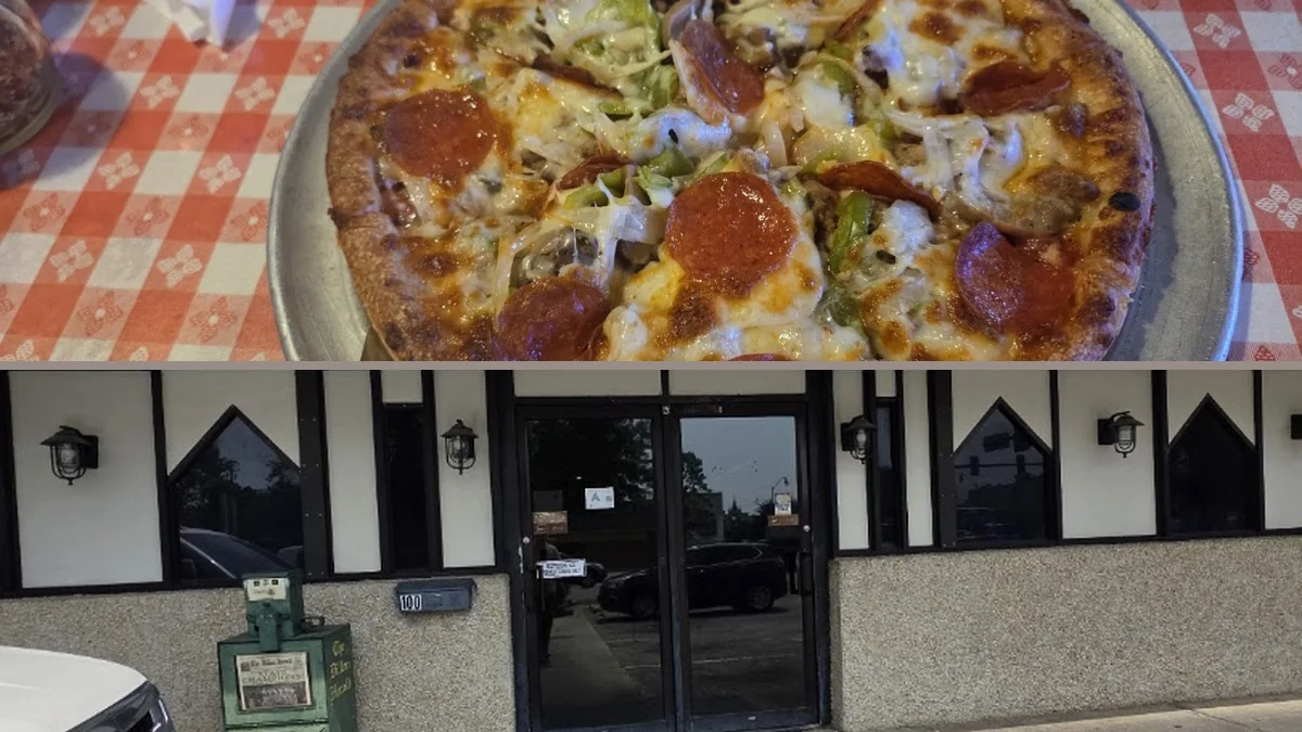 Pizza slices on a casual restaurant table.